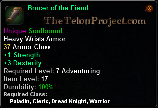 In-game tooltip for Bracer of the Fiend