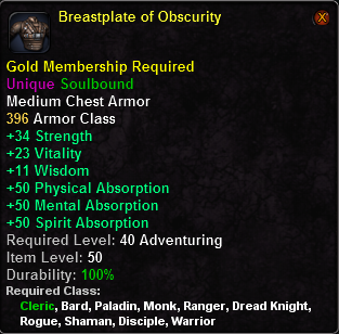 In-game tooltip for Breastplate of Obscurity