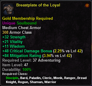 In-game tooltip for Breastplate of the Loyal