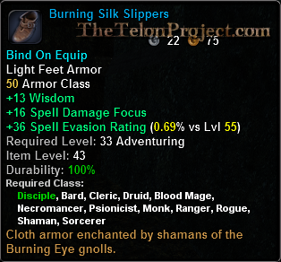 In-game tooltip for Burning Silk Slippers