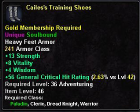 In-game tooltip for Cailess Training Shoes