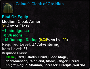 In-game tooltip for Cainar's Cloak of Obsidian