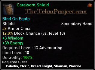 In-game tooltip for Careworn Shield