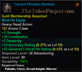 In-game tooltip for Carved Wooden Barbute