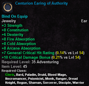 In-game tooltip for Centurion Earing of Authority
