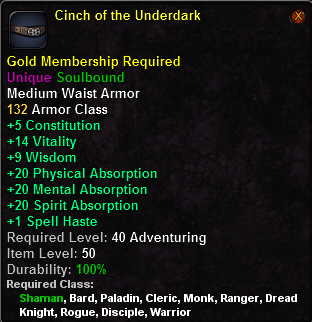 In-game tooltip for Cinch of the Underdark