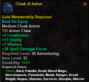 In-game tooltip for Cloak of Ashes