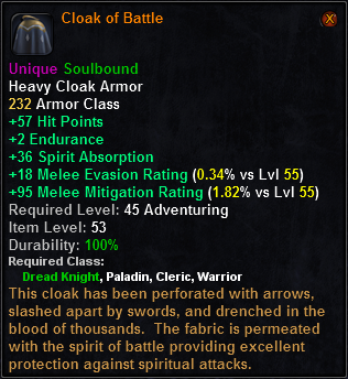 In-game tooltip for Cloak of Battle