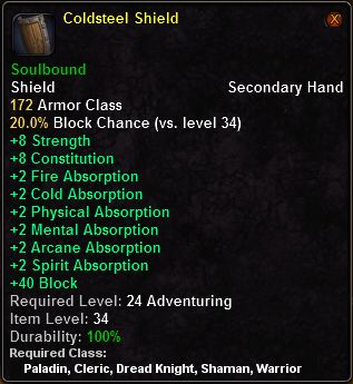 In-game tooltip for Coldsteel Shield