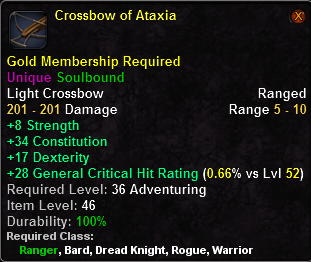 In-game tooltip for Crossbow of Ataxia
