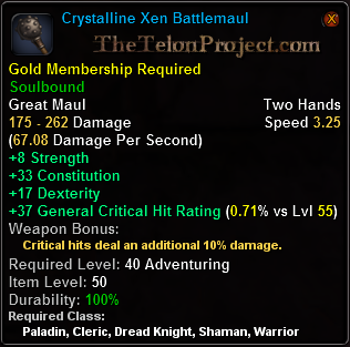 In-game tooltip for Crystalline Xen Battlemaul