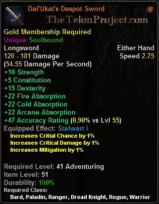 In-game tooltip for Dal'Ukat's Despot Sword