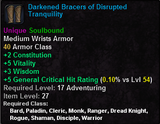 In-game tooltip for Darkened Bracers of Disrupted Tranquility