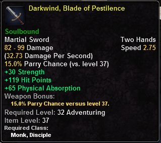 In-game tooltip for Darkwind, Blade of Pestilence