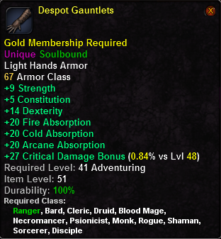 In-game tooltip for Despot Gauntlets
