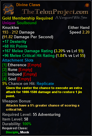 In-game tooltip for Divine Claws