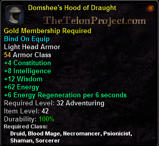 In-game tooltip for Domshee's Hood of Draught