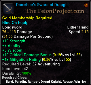 In-game tooltip for Domshee's Sword of Draught