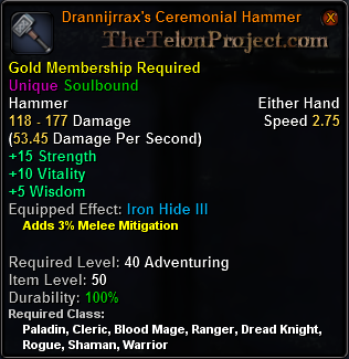In-game tooltip for Drannijrrax's Ceremonial Hammer