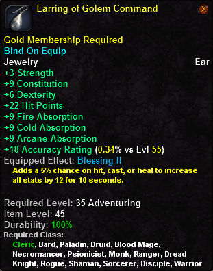 In-game tooltip for Earring of Golem Command