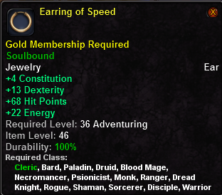 In-game tooltip for Earring Of Speed