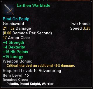 In-game tooltip for Earthen Warblade