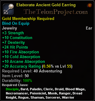 In-game tooltip for Elaborate Ancient Gold Earring