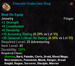 In-game tooltip for Emerald Drakeclaw Ring