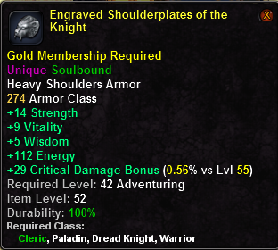 In-game tooltip for Engraved Shoulderplates of the Knight
