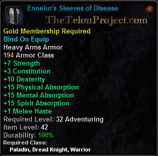 In-game tooltip for Ennelur's Sleeves of Disease