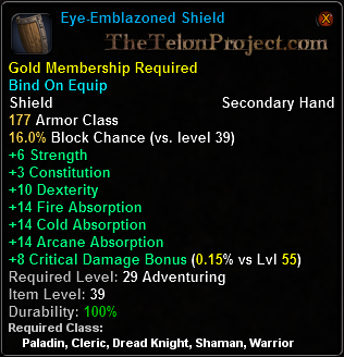 In-game tooltip for Eye Emblazoned Shield