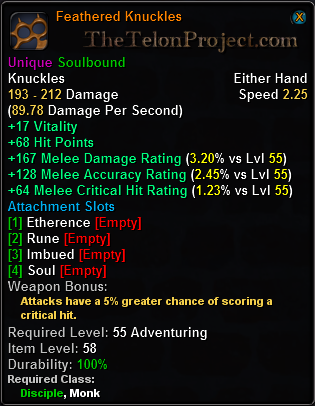 In-game tooltip for Feathered Knuckles