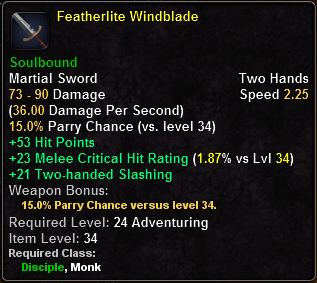 In-game tooltip for Featherlite Windblade