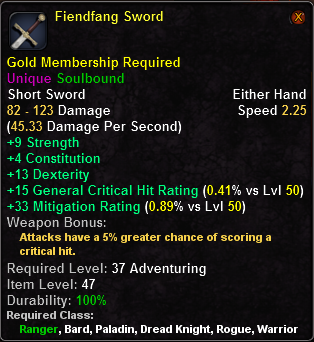 In-game tooltip for Fiendfang Sword