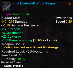 In-game tooltip for Fine Bladestaff of the Keeper