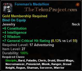 In-game tooltip for Foreman's Medallion