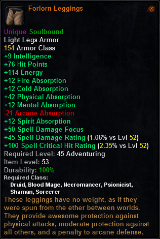 In-game tooltip for Forlorn Leggings