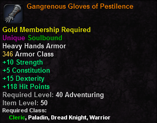 In-game tooltip for Gangrenous Gloves of Pestilence