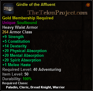 In-game tooltip for Girdle of the Affluent