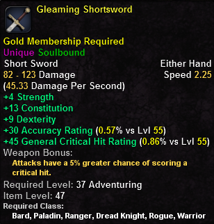 In-game tooltip for Gleaming Shortsword
