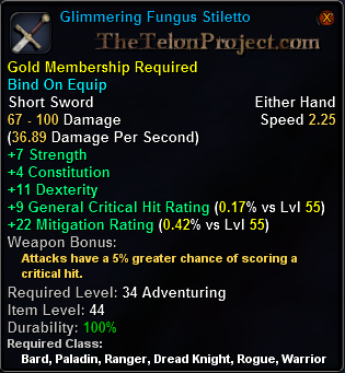 In-game tooltip for Glimmering Fungus Stiletto