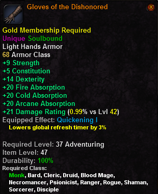 In-game tooltip for Gloves of the Dishonored