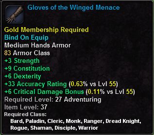 In-game tooltip for Gloves of the Winged Menace