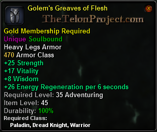 In-game tooltip for Golem's Greaves of Flesh