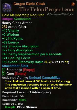 In-game tooltip for Gorgon Rattle Cloak