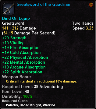 In-game tooltip for Greatsword of the Guadrian