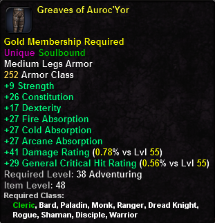 In-game tooltip for Greaves of Auroc Yor