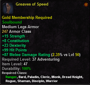 In-game tooltip for Greaves of Speed