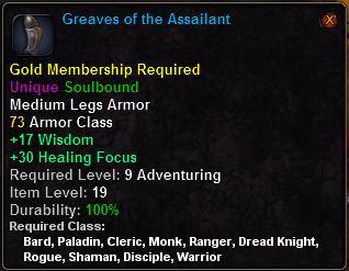 In-game tooltip for Greaves of the Assailant