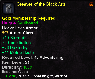In-game tooltip for Greaves of the Black Arts